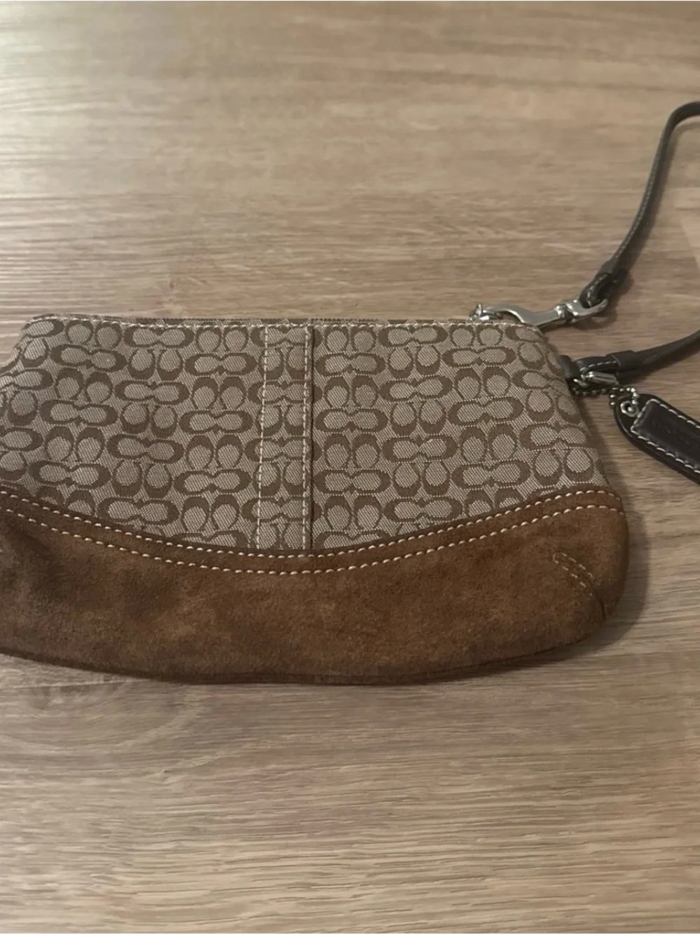 Coach Beige and Brown Signature Canvas Suede Wristlet